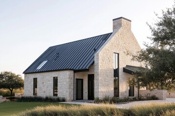 Obraz premium Charming stone house with modern architecture set against a clear sky and surrounded by lush greenery in a tranquil outdoor environment during golden hour