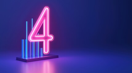 Neon number four illuminated against a vibrant blue backdrop showcasing modern design elements, 3d illustration.