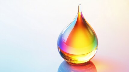Colorful glass droplet on reflective surface.