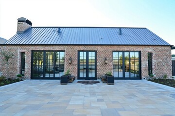 Naklejka premium Newly constructed brick house with modern design and sleek features situated in a peaceful suburban area during a clear afternoon