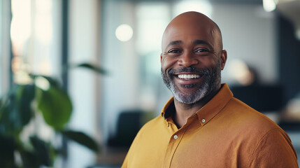 Naklejka premium Smiling businessman in modern office. His confident and approachable demeanor reflects leadership, networking and success in a corporate environment.