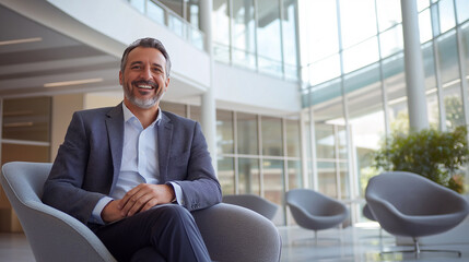 Smiling businessman in modern office. His confident and approachable demeanor reflects leadership, networking and success in a corporate environment.