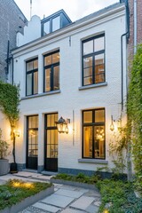 Fototapeta premium Elegant modern house with large windows and lush greenery in a cozy courtyard at dusk, showcasing a blend of classic and contemporary architecture