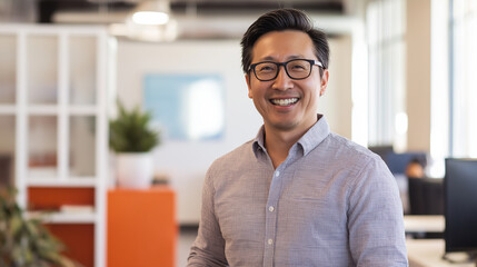 Smiling businessman in modern office. His confident and approachable demeanor reflects leadership, networking and success in a corporate environment.
