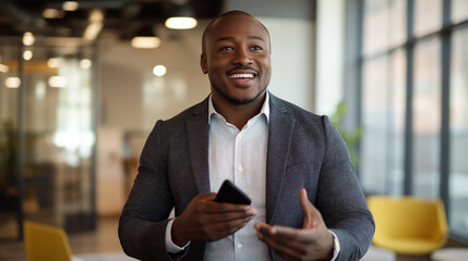 Smiling businessman in modern office. His confident and approachable demeanor reflects leadership, networking and success in a corporate environment.
