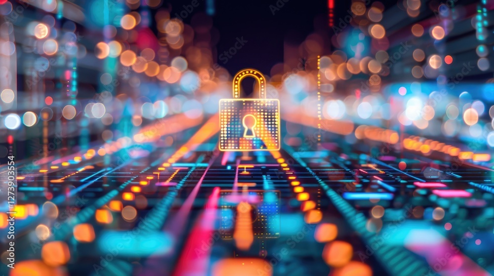 Poster digital lock concept on data highway with bokeh lights in cybersecurity theme