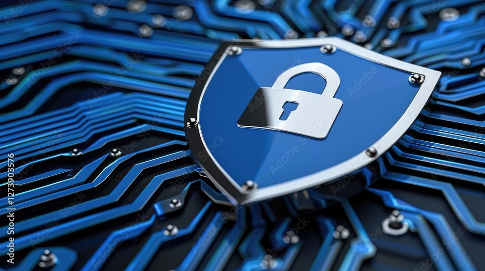 Poster digital lock icon on circuit board design representing cybersecurity and data protection concepts
