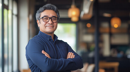 Fototapeta premium A confident business professional stands with his arms crossed in a bright, modern office. His elegant expression represents leadership, success, and professionalism in an organization or entrepreneur