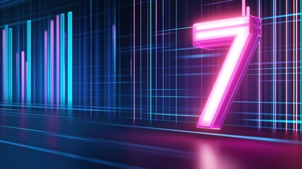 Fototapeta premium Neon number seven illuminated against a futuristic background at night showcasing vibrant colors and lights, 3d illustration.