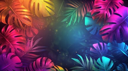 Obraz premium Vibrant Neon Tropical Leaves Frame Background Design