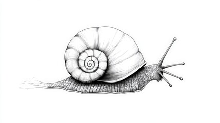 Detailed black and white illustration of a snail with intricate shell design