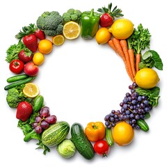 Fresh Vibrant Circle of Fruits and Vegetables Isolated on White