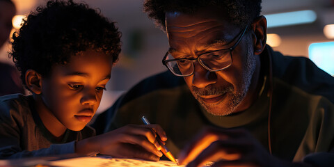 Grandfather and Grandson Working Together at Night