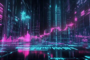 3d holographic financial data visualization, glowing neon graphs floating in dark space, dynamic market trends