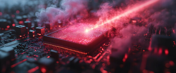 Exploding Computer Chip With Red Laser And Smoke