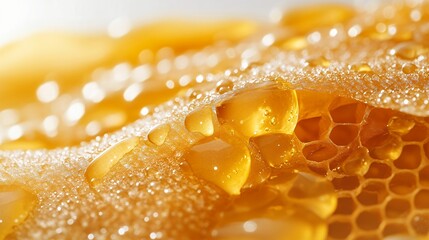 Close-up view of glistening honey dripping over intricate honeycomb showcasing rich golden textures...