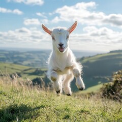 Obraz premium a baby goat hopping through a field, its playful nature captured in a moment of excitement against the backdrop of rolling hills
