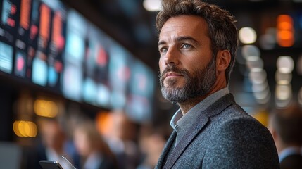 Fototapeta premium Professional man in a suit holding a smartphone, contemplating in a busy financial environment