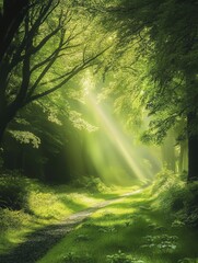 a Madeira forest path surrounded by rich greenery, with sunlight streaming through the tall tree canopy.
