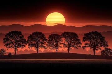 Obraz premium Silhouette Trees Sunset Mountain Landscape