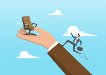 a businessman running up big hand to a new office chair