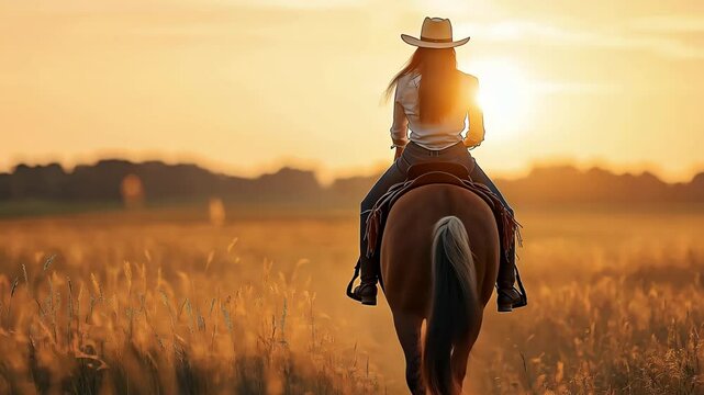 In a field, a woman is mounted on a horse.