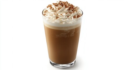 A tall glass of coffee topped with creamy whipped cream and a delightful whipped topping, showcasing an inviting beverage perfect for any occasion.