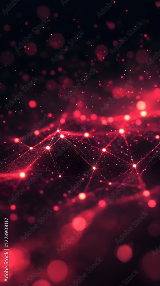Poster abstract red network connection with glowing dots and lines on a dark digital background