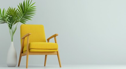 Fototapeta premium A yellow armchair with wooden legs sits beside a white vase with a palm branch against a light gray wall. The image is minimalistic, clean, and