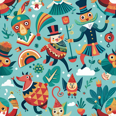 A colorful and whimsical seamless pattern with playful characters.