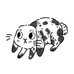Vector illustration of a fluffy kawaii rabbit with a beautiful color with black spots. A rabbit with a cute face sits scared. Pet sticker on a white background