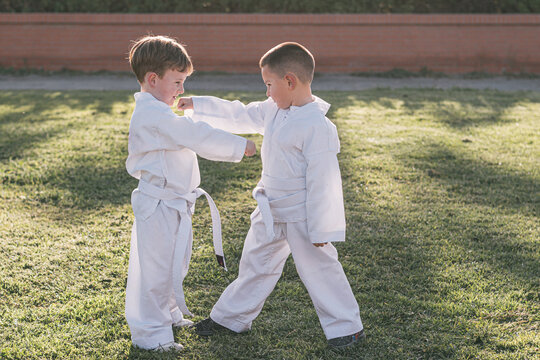 Two young boys training taekwondo in dobok outdoors