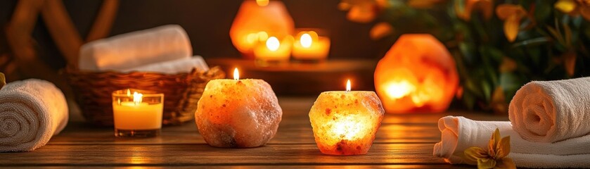 Relaxing spa scene with candles, towels, and soothing ambience for stress relief.