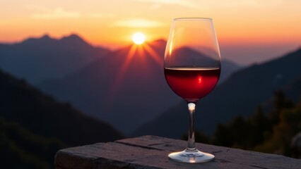 a glass of red wine on the background of the setting sun and mountains.