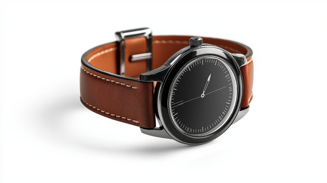 A brown wrist smart watch is isolated on a white background, featuring a sleek modern design, smooth leather strap, and a clear digital display that blends technology with classic elegance.