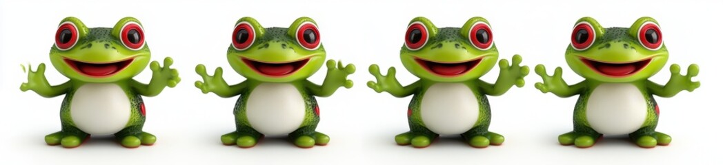 Naklejka premium Four cheerful green amphibians with large eyes and welcoming poses against a bright white background. A playful and vibrant image with cartoonish