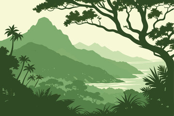  Lush green mountains, misty peaks, tropical forest, dense jungle canopy, isolated island, serene landscape, panoramic view, ethereal atmosphere, vibrant foliage, natural wonder, mysterious terrain,