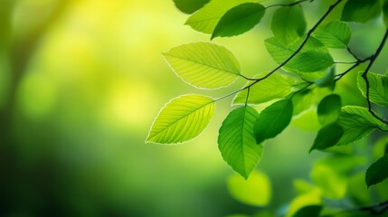 Close-up of vibrant green leaves illuminated by soft sunlight in a serene forest background