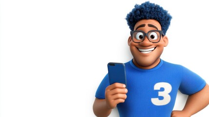 Smiling cartoon man with blue hair and glasses holds a mobile device, wearing a blue sweater with a number 3. White background. Joyful expression