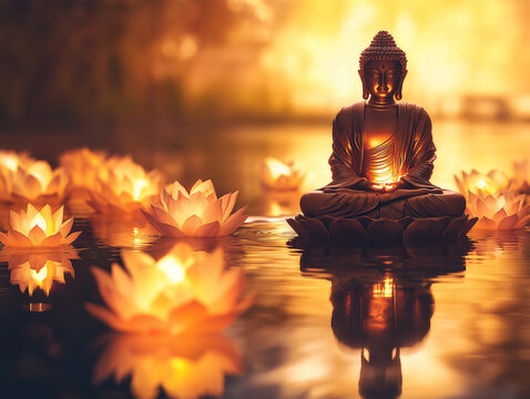 A Serene Buddha Statue in a Lotus-Filled Pond &ndash; A Symbol of Peace and Tranquility