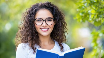 Fototapeta premium A person with curly brown hair and glasses holds a book outdoors, bright green background, natural lighting, joyful expression, close up portrait