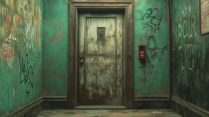 A fire exit door in an old apartment building, its worn metal surface and graffiti marks contrasted against faded green walls