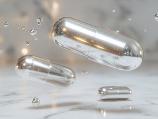 Naklejka premium several transparent glass vials filled with small, silver-colored granules against a white background. The vials are arranged in a scattered manner