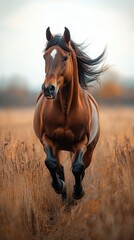 Fototapeta premium Majestic horse galloping through golden grassland under a soft autumn sky at dawn