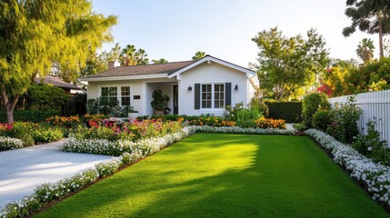 Obraz premium Charming white cottage with lush green lawn and colorful flower beds