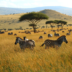 Obraz premium A herd of zebras grazing in the grasslands of Africa, with tall trees and a distant mountain range