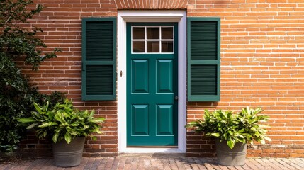 Fototapeta premium Vibrant teal door with white trim and shutters framed by lush greenery and brick wall