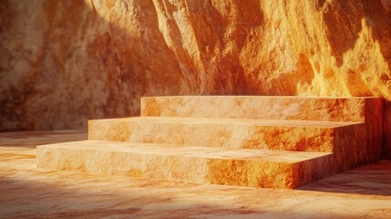 Golden Stone Steps Abstract Minimalist Product Display Three Tiered Platform Warm Desert Tones