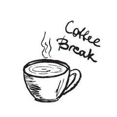 Cup of hot aroma coffee with steam drawing. Coffee break concept, menu design. Black brush stroke texture isolated on white background. Hand drawn vector sketch illustration in vintage charcoal ink