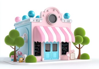 Pastel pink and blue cartoon shop with striped awning, surrounded by small trees and cute animal figurines against a plain background. Ideal for